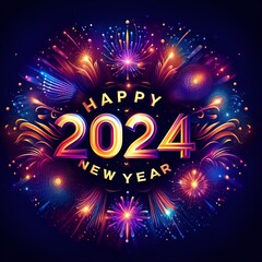 "Happy New Year 2024," is written in a playful, bubbly font that shimmers with a rainbow of colors
