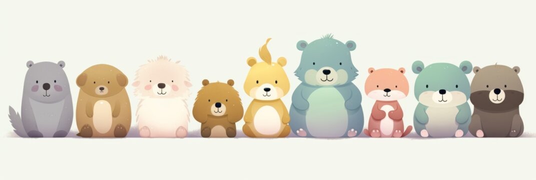Funny cute bears and animals on a white background, illustration, banner