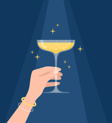 Hand holding coupe glass with sparkling wine or champagne on dark blue background. Vector illustration in flat style