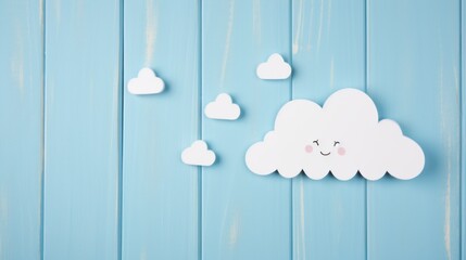 joyful infants greeting card: adorable babies on a sky-blue wooden background with white clouds