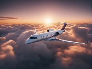 private jet plane flies through clouds at sunset 
