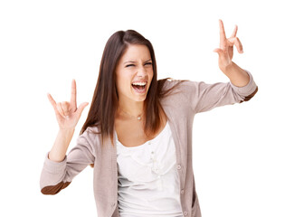 Rock, music and portrait of woman with sign for metal, culture or freedom in studio white...