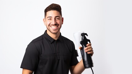 A barber in a uniform with a comb and spray bottle is isolated on a white background and has a sense of joy.