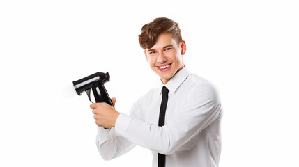 A barber in a uniform with a comb and spray bottle is isolated on a white background and has a sense of joy.