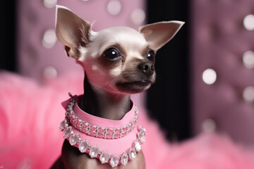 Nice chihuahua puppy dog with luxury jewelry collar necklace on pink background with bokeh lights