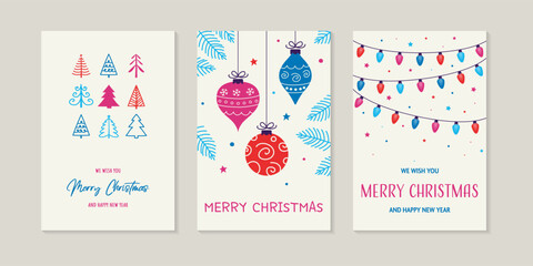 Hand drawn Christmas greeting card set with decorations. Vector illustration