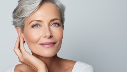 Happy middle-aged  woman posing on white background, touching face, Portrait of sophisticated senior woman advertising beauty products and services - obrazy, fototapety, plakaty
