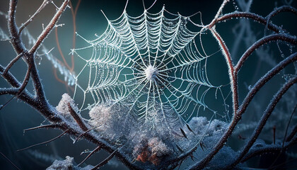 Spinnennetz im Frost Morgentau Rauhreif Zerbrechlichkeit symbolisch Kartenmotiv Generative AI