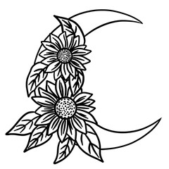 Crescent moon with flowers line art