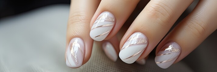 Beautiful well-groomed hands of the bride with modern manicure, nail design for the bride, banner - obrazy, fototapety, plakaty