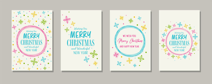 Christmas greeting card set with hand drawn snowflakes. Vector illustration