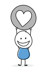 Funny cartoon stickman holding heart icon. Hand drawn design for a business presentation. Vector illustration