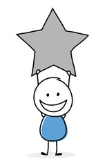 Funny cartoon stickman holding star icon. Hand drawn design for a business presentation. Vector illustration