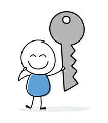 Funny cartoon stickman holding key icon. Hand drawn design for a business presentation. Vector illustration
