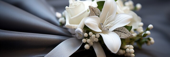 Close-up of the groom's boutonniere, decoration of the groom's clothes to match the bride's flowers