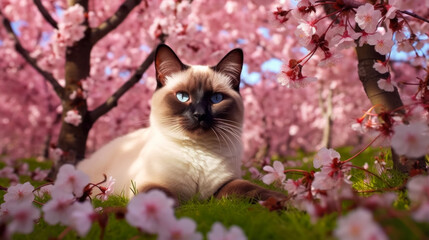 Siamese cat lies on a green lawn under cherry blossoms, admiring the spring, dancing sakura petals in gusts of wind - obrazy, fototapety, plakaty
