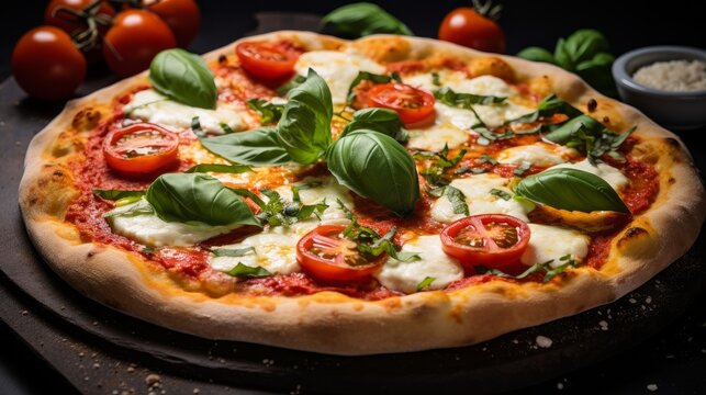 A freshly made Italian Pizza Margherita topped with buffalo mozzarella and basil leaves, embodying the traditional flavors of Italy.