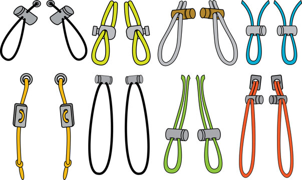 Drawstring cord stopper flat sketch vector illustrator. Set of Draw string lock slider toggles fastener for bags, back backs, jackets, Shorts. Plastic Drawcord lock end toggle to pulled or tighten