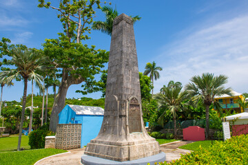 Sir George Somers Memorial at Somers Garden in town center of St. George's in Bermuda. Historic...