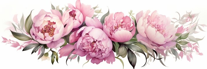 Bouquet of beautiful soft pink peony flowers on white background, watercolor illustration, banner