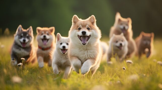 playful dog and cat duo joyfully frolicking in a meadow with blurred background - adorable pet friendship scene