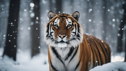 Fototapeta na wymiar tiger looking towards the camera in the snowy weather in the forest, snowing, sun at the background 