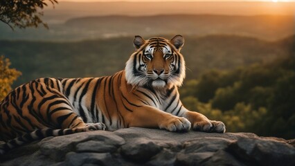 tiger on the rocky hill watching the forest, sunset, with copy space
