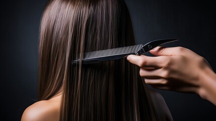 The hairdressing salon is demonstrating the use of professional scissors and combs in haircuts for a woman client. they work as hairstylists by combing and cutting long hair on a white - obrazy, fototapety, plakaty