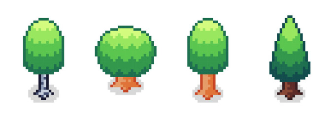 Set of pixel art trees for retro games. Vegetation elements for filling locations and maps of topdown games.