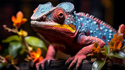Obraz premium Close-up portrait of a chameleon on a colorful tree branch, color changing lizards, advertising photo for a clinic or poster about reptiles