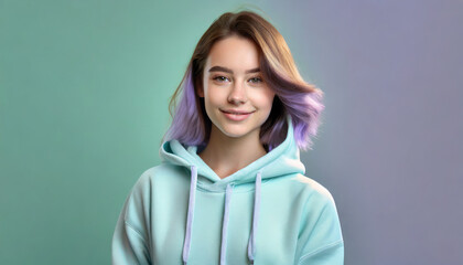 Fototapeta premium Beautiful girl in hoodie with pastel lavender hair