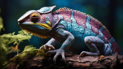 Fototapeta premium Chameleon sitting on a tree branch, dark tropical forest background