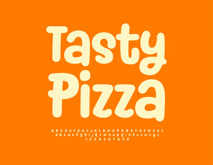 Vector promo poster Tasty Pizza. Bright Creative Font. Funny Set of handwritten Alphabet Letters, Numbers and Symbols