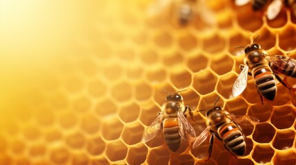 busy bees creating a honeycomb masterpiece - vibrant insect activity with copy space