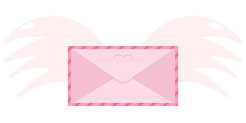 Sweet letter about love. Illustration for February 14th, Valentine's Day. Love letter, envelope with wings. Isolated on white background. Congratulations on the holiday.