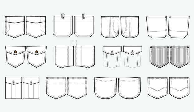Jeans and denim Patch pocket flat sketch vector illustration set, different types of Clothing Pockets for jeans pocket, sleeve arm, cargo pants, dresses, bag, garments, Clothing and Accessories