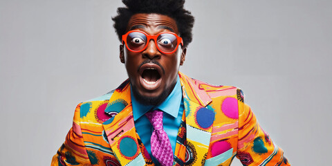 Expressive young man in colorful African attire and red glasses making a surprised face on a grey background.