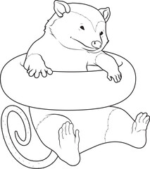 Opossum Swimming Lifebuoy Animal Vector Graphic Art Illustration