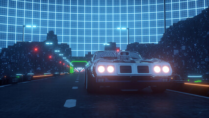 Futuristic car with shiny mirror surface on a Neon cyberpunk futuristic highway road at night against the background of blue luminous checkered sky. Sci-fi 3d illustration.