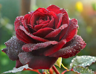 Close-up of a beautiful red rose with water droplets