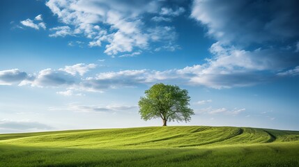 Fototapeta na wymiar The view of a tree in green fields with blue skies is mesmerizing.