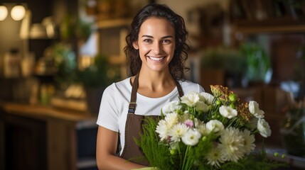 A florist with a smile is carrying a paper bag full of fresh flowers. - obrazy, fototapety, plakaty