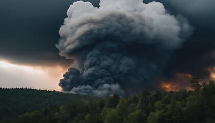 A massive, billowing cloud of dark smoke and ash erupts from a forest, casting a shadow over the land.