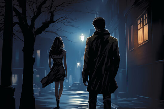 illustration of a stalker following a woman 