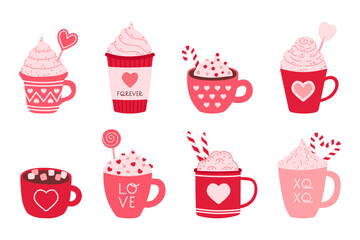 Hot drinks for Valentine's Day. Cozy red and pink cups with hearts. Hand drawn vector illustration