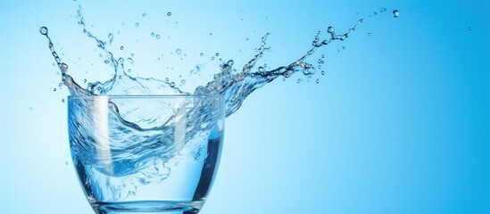 Closeup splashing out water in glass isolated on soft blue background