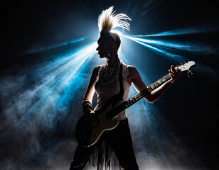 Punk guitarist rocks under spotlight - obrazy, fototapety, plakaty