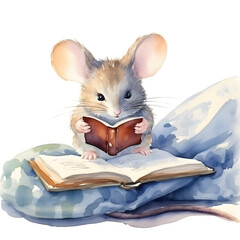 Mouse reading a book, watercolor illustration. - obrazy, fototapety, plakaty