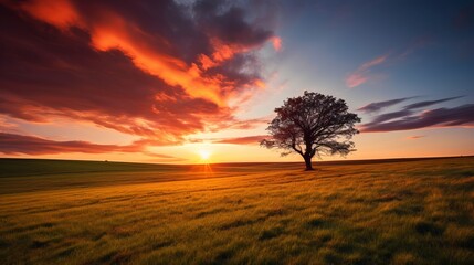 A panoramic image depicting a single tree growing under a cloudless sky at sunset, surrounded by grass. - obrazy, fototapety, plakaty