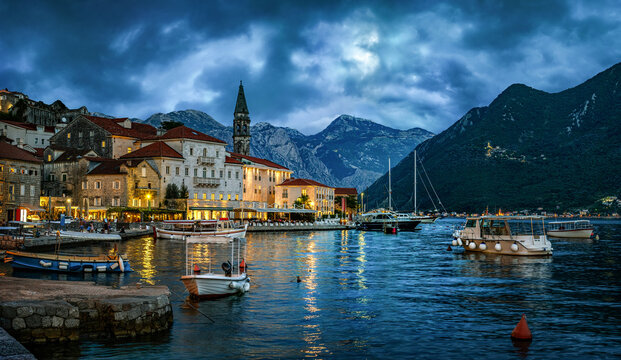 City of Perast in the Bay of Kotor in summer, Montenegro. Evening panoramic view. The Bay of Kotor is the beautiful place on the Adriatic Sea. Perast, Kotor bay, Montenegro.